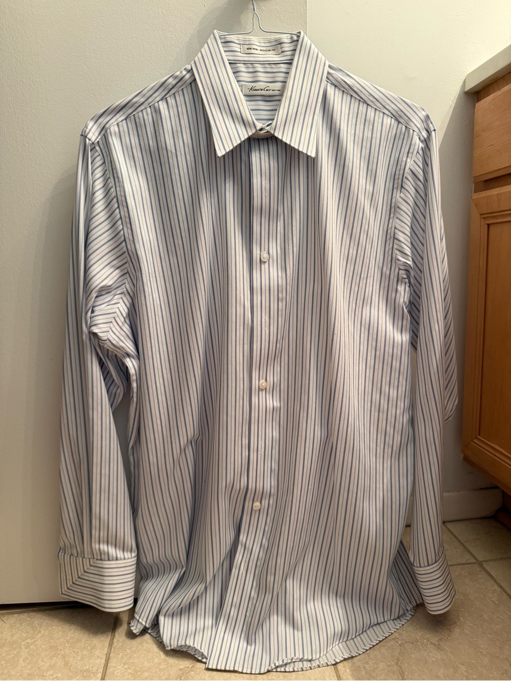 Kenneth Cole New York White Dress Shirt with Blue Pinstripes
